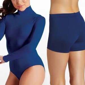 Weissman gymnastics navy blue Mock Neck Long Sleeve Leotard shorts MT12459 MC